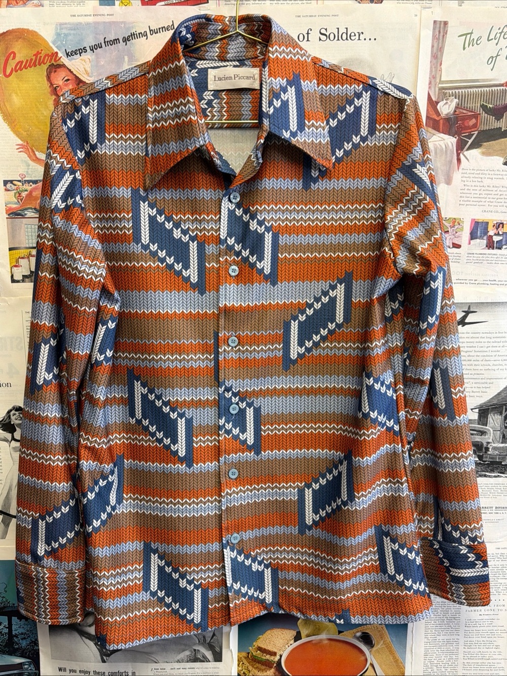 Vintage 1970’s Lucien Piccard Men's Geometric Knit-Pattern Shirt
